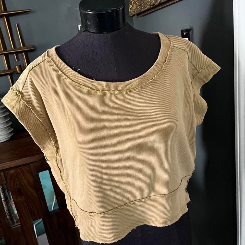 Pilcro Women's Tan Cropped oversized Patchwork Top Shirt